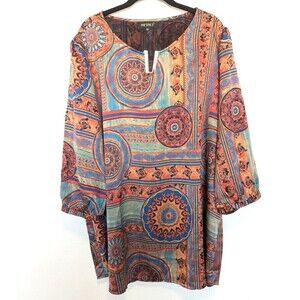 Presence Tunic Blouse Womens Plus‎ Size 2X-3X Multicolor Geometric Satin Silky